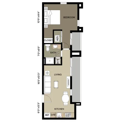 Compact and modern floor plan featuring a cozy bedroom, efficient kitchen, and inviting living area, perfect for urban living.