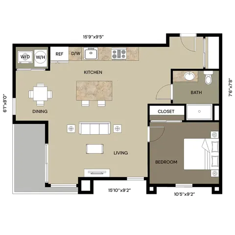 Modern apartment floor plan featuring an open-concept kitchen and dining area, a cozy living room, one bedroom with attached closet, and a spacious bathroom.