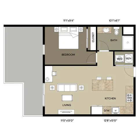 Modern floor plan showcasing a 1-bedroom apartment with an open-concept kitchen and living area, including a spacious patio and convenient laundry amenities.