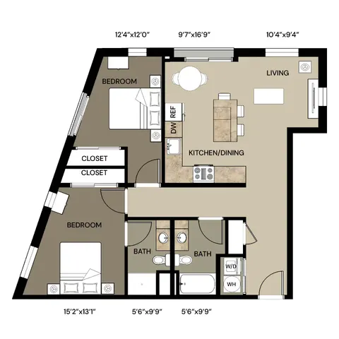 Chic floor plan showcasing 2 spacious bedrooms, dual bathrooms, modern kitchen with dining area, stylish living space, and convenient closets.