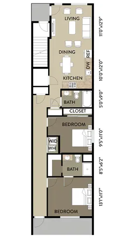 Modern floor plan showcasing two spacious bedrooms, an open living and dining area, full kitchen, and two bathrooms with elegant layout.