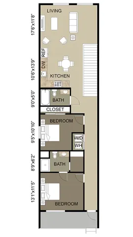 Modern floor plan featuring 2 bedrooms, spacious living area, sleek kitchen, and 2 stylish bathrooms, complete with washer and dryer.