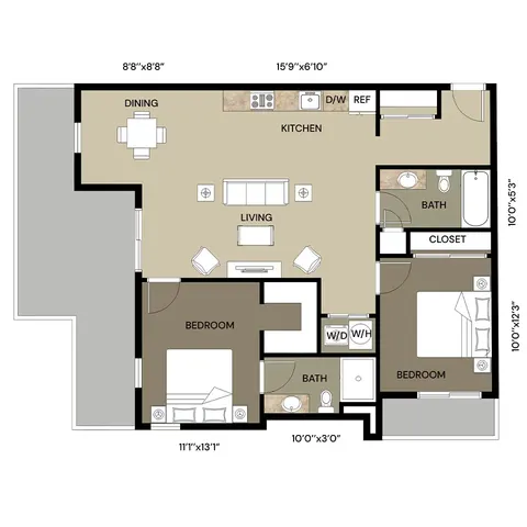 Elegant floor plan showcasing 2 bedrooms, open kitchen and dining area, and inviting living room layout.