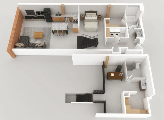 Modern 3D floor plan showcasing an inviting open-concept living and kitchen area, a cozy bedroom, stylish bathroom, and a versatile home office space. Features elegant finishes and a unique staircase design.