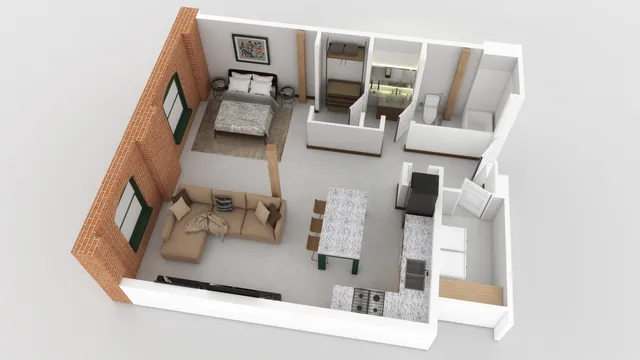 Chic 3D apartment layout showcasing a cozy bedroom, modern kitchen, and inviting living room with exposed brick accents.