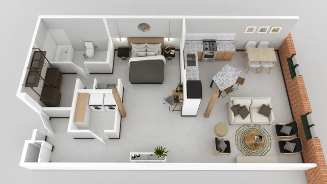 Modern open-concept floor plan featuring a spacious bedroom, stylish kitchen with granite countertops, cozy living area, and functional laundry nook.