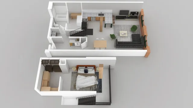 Modern 3D floor plan showcasing an elegant layout with a cozy bedroom, stylish open kitchen, and spacious living area with chic furnishings.