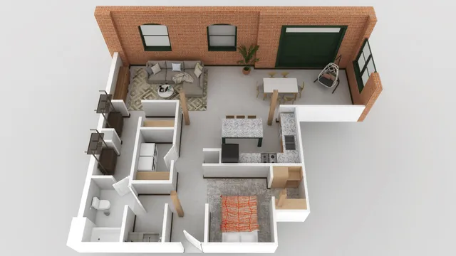 Modern 3D apartment design showcasing an inviting open-plan living room, dining area, and sleek kitchen with brick accent walls.