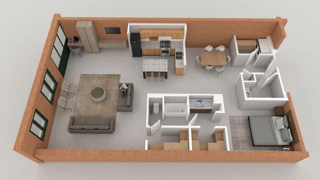 Inviting 3D floor plan showcasing an open-concept living area with modern kitchen, cozy dining space, and a comfortable bedroom with well-designed bathroom, all surrounded by rustic brick walls.