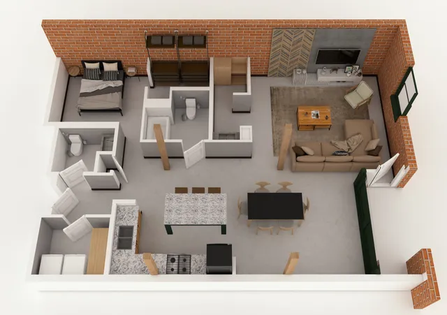 Modern open-plan apartment layout with a cozy bedroom, spacious living room, stylish kitchen, and dual bathrooms, featuring chic brick walls and elegant furnishings.