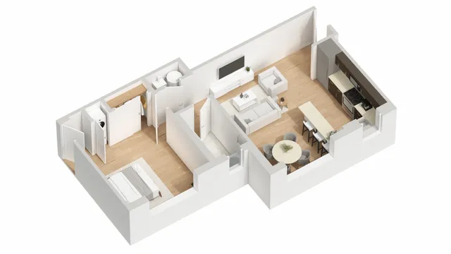 Modern 3D floor plan featuring a spacious one-bedroom layout with a stylish kitchen, cozy living area, and sleek wooden flooring.