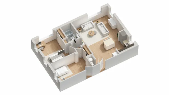 Modern 3D floor plan featuring 2 bedrooms, spacious living area, and contemporary kitchen with stylish layout.
