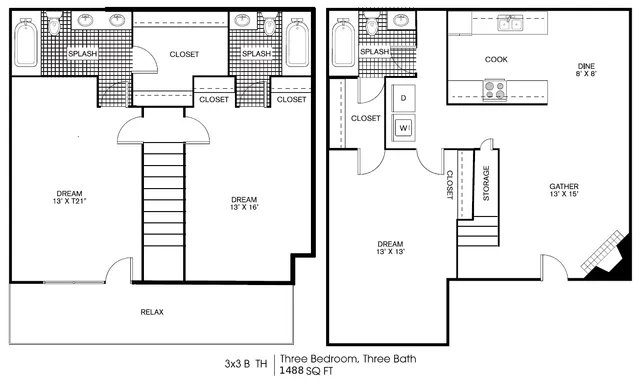 Elegant floor plan of a spacious 1488 sq ft townhome featuring three bedrooms, three baths, an expansive living area, and a modern kitchen layout.