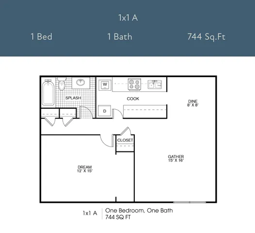 1x1 A floor plan showcasing a stylish 1-bedroom, 1-bathroom apartment with 744 sq. ft., featuring a spacious living area, modern kitchen, and ample closet space.
