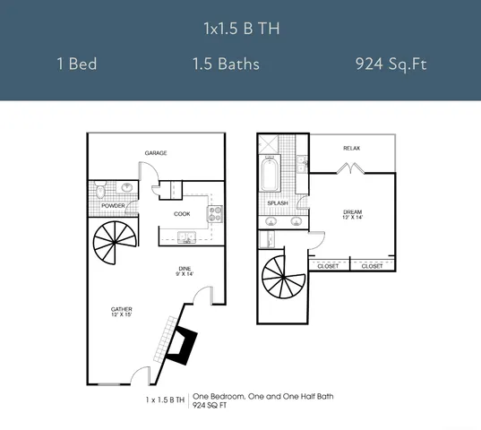 Modern townhome floor plan with 1 bedroom, 1.5 baths, featuring a stylish spiral staircase, open kitchen, and spacious living area spanning 924 sq.ft.