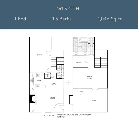 Charming floor plan featuring 1 bedroom, 1.5 baths, a modern kitchen, welcoming dining area, and a private garage in 1,046 sq ft.