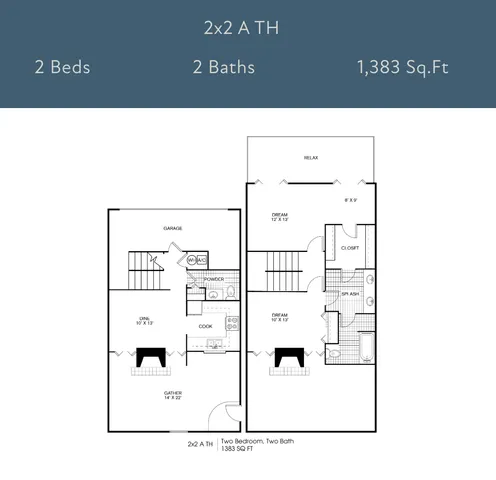 Sophisticated 2x2 A TH floor plan featuring 2 bedrooms, 2 baths, and spacious living areas totaling 1,383 sq ft.