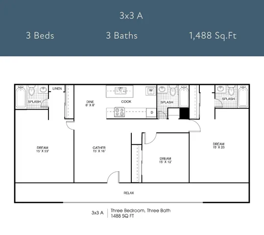 Modern 3x3 A floor plan with 3 spacious bedrooms, 3 elegant bathrooms, and a generous 1,488 sq ft layout featuring a cozy dining area and open-concept living space.