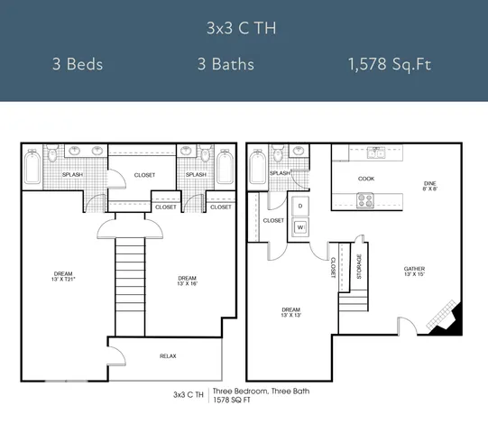 3x3 C TH floor plan showcasing a spacious 3-bedroom, 3-bath townhouse with 1,578 sq. ft. Open-concept living area, modern kitchen, and ample closet space.