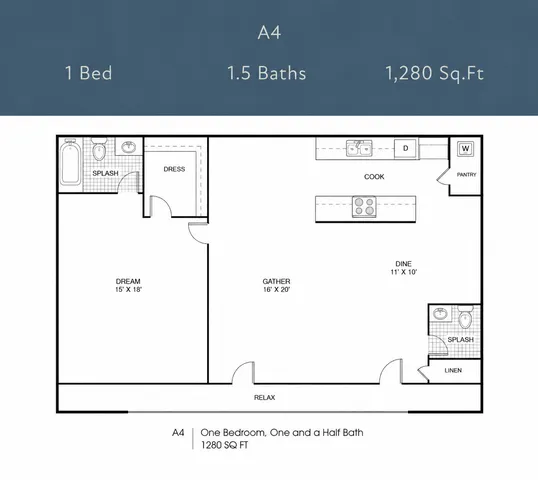 Elegant A4 floor plan showcasing 1 bedroom, 1.5 baths, and a spacious open-concept living area with a modern kitchen, spanning 1,280 sq. ft.