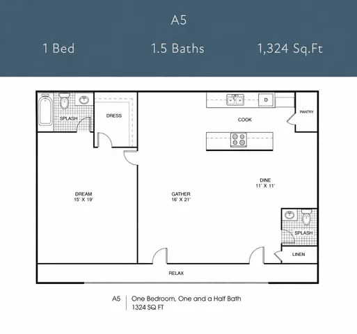 Spacious A5 floor plan with 1 bedroom, 1.5 baths, featuring a large kitchen, dining area, and open living space totaling 1,324 sq ft.