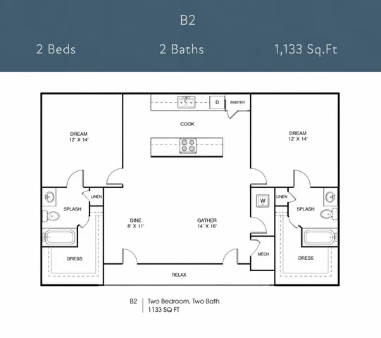 Contemporary floor plan B2 featuring 2 spacious bedrooms, 2 elegant baths, and a generous living space of 1,133 sq. ft., showcasing a modern kitchen and open-concept design.
