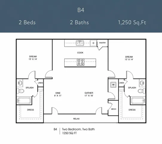 Modern B4 floor plan with 2 spacious bedrooms, 2 luxurious bathrooms, open-concept kitchen, and a generous living area, totaling 1,250 sq. ft.
