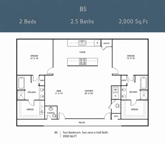 Elegant B5 floor plan showcasing 2 spacious bedrooms and 2.5 baths in 2,000 sq ft. Features an open kitchen, generous living area, and stylish layout.