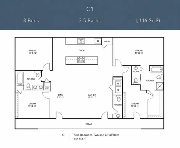 Elegant C1 floor plan showcasing three bedrooms, two and a half baths, and a spacious 1,446 sq ft living space with an open gathering and dining area.