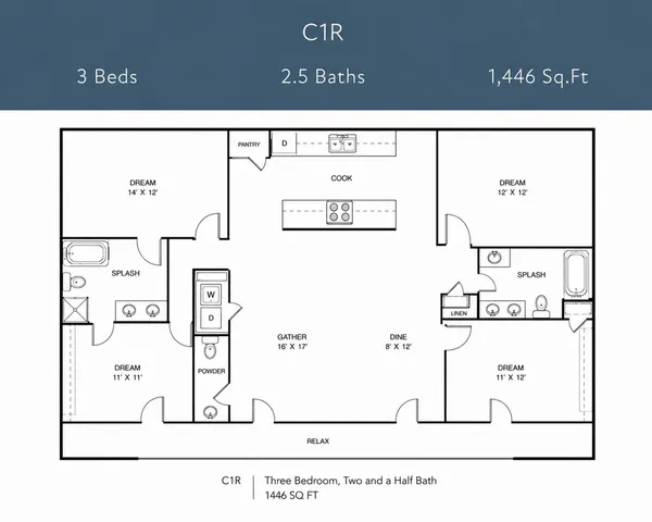 Elegant C1R floor plan showcasing 3 spacious bedrooms, 2.5 modern baths, and open living spaces within 1,446 sq ft.