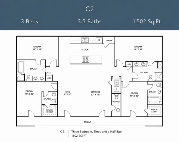 Modern C2 floor plan with 3 bedrooms and 3.5 bathrooms in a spacious 1,502 sq ft layout, featuring open living and dining areas, a large kitchen, and walk-in closets.