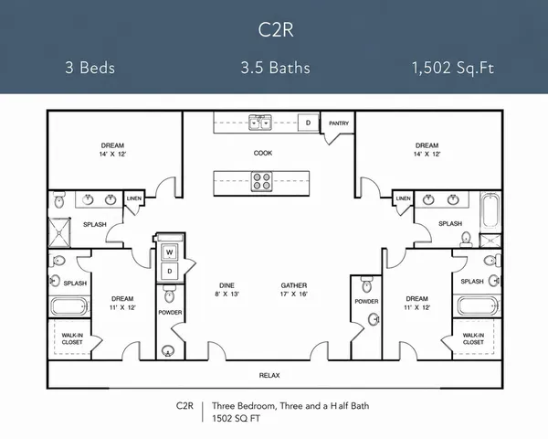 Elegant C2R floor plan featuring 3 spacious bedrooms, 3.5 modern bathrooms, and a stylish open-concept living area in a 1,502 sq ft layout.