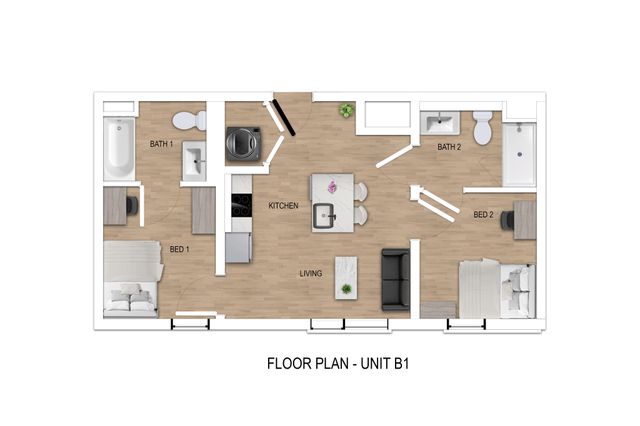 Chic floor plan for Unit B1 showcasing 2 bedrooms, modern kitchen, and open living area with elegant bathrooms.