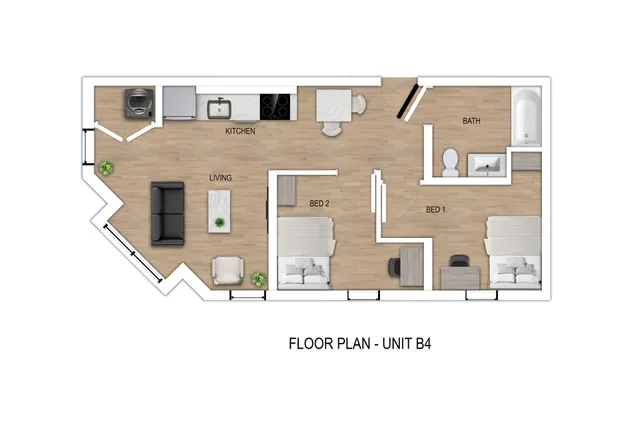 Chic floor plan for Unit B4 featuring 2 bedrooms, modern kitchen, and inviting living space.