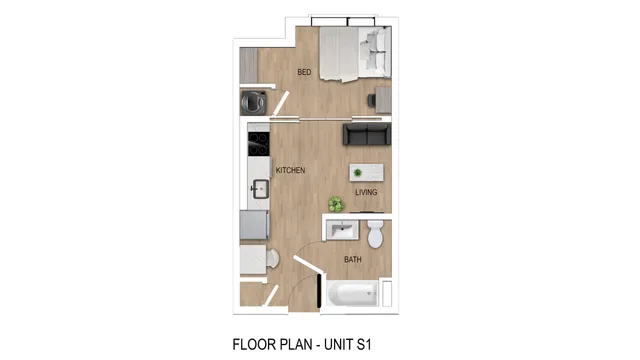 Modern floor plan for Unit S1 featuring a cozy bedroom, sleek kitchen, inviting living area, and contemporary bathroom.
