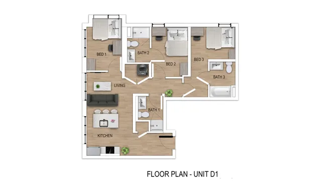 Contemporary floor plan for Unit D1 showcasing 3 bedrooms, 3 bathrooms, and an open kitchen-living space with modern amenities.