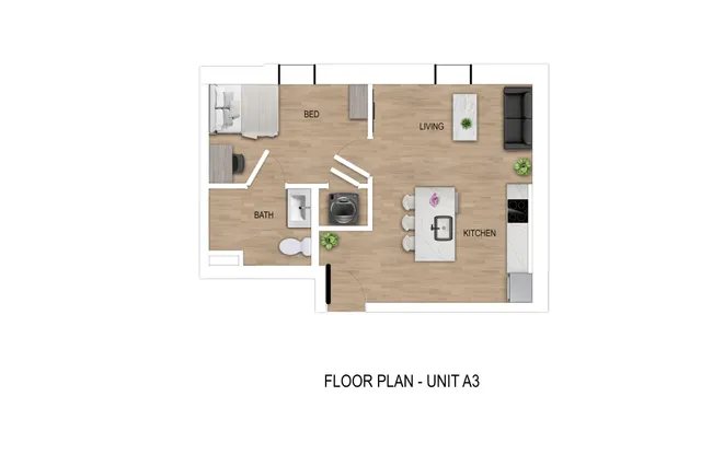 Modern floor plan for Unit A3 showcasing a cozy bedroom, integrated living and kitchen area, and elegant bathroom.