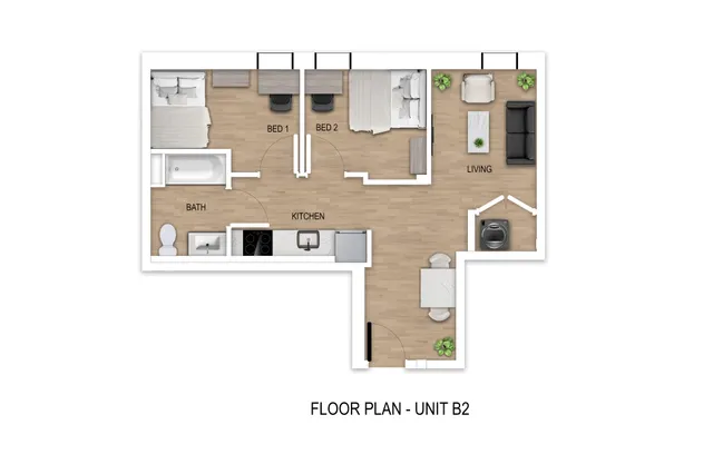 Modern Unit B2 floor plan with 2 bedrooms, open kitchen-living area, and sleek bathroom design.
