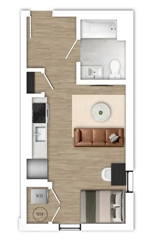 Modern open-concept floor plan featuring a cozy living area, sleek kitchen, spacious bathroom, and a comfortable bedroom with integrated laundry. Ideal for stylish urban living.