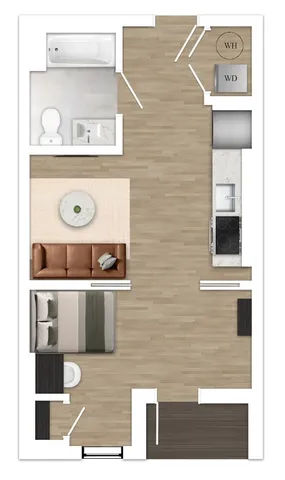 Contemporary one bedroom apartment floor plan featuring an open living area with modern kitchen, cozy bedroom nook, and stylish bathroom, including in-unit washer and dryer.