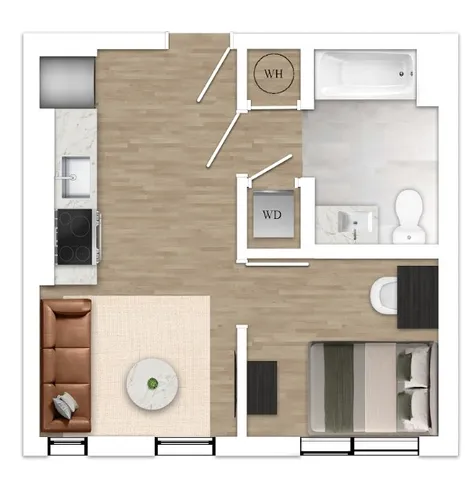 Modern 1-bedroom apartment floor plan featuring an inviting open-concept living and kitchen area, and a sleek bathroom with washer and dryer for convenience.