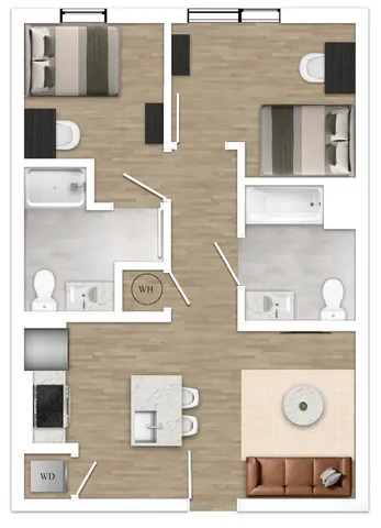 Modern 2D floor plan showcasing 2 bedrooms, 2 bathrooms, an open living area, and a cozy kitchen with an island.