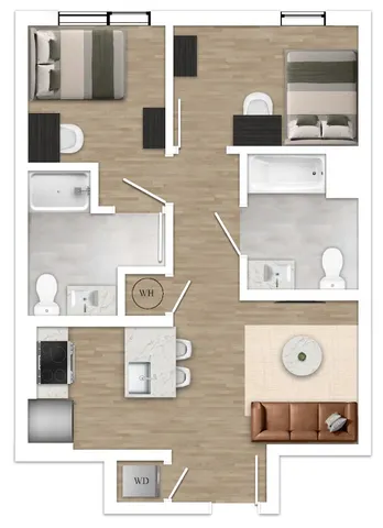Elegant floor plan showcasing two spacious bedrooms, modern kitchen, and cozy living area perfect for stylish living.