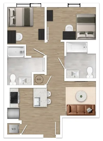Modern floor plan showcasing 2 bedrooms, 2 bathrooms, an open kitchen, and a cozy living area with mounted TV.