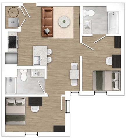 Modern floor plan showcasing a spacious open-concept living room, two cozy bedrooms, and two sleek bathrooms with elegant finishes.
