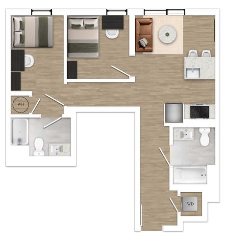 Contemporary floor plan featuring 2 bedrooms, a cozy living area, elegant kitchen, and practical bathrooms with washer and dryer included.