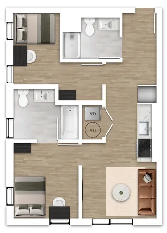 Modern floor plan showcasing 2 bedrooms, 2 bathrooms, spacious living area, and a contemporary kitchen with modern finishes.