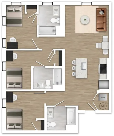Modern apartment floor plan with 3 bedrooms and a stylish open-concept living area with a kitchen island. Features three sleek bathrooms, and a dedicated laundry space, all complemented by a spacious living space.