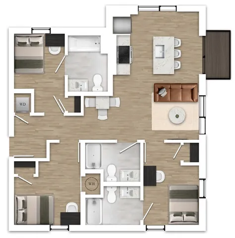 Modern 2D floor plan showcasing 3 spacious bedrooms, a sleek open-concept living and kitchen area, and three elegant bathrooms.