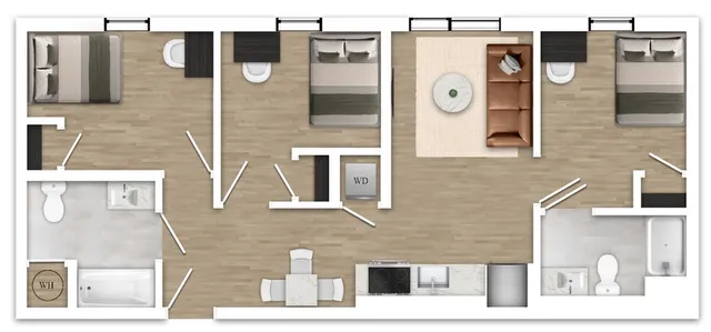 Contemporary 3-bedroom apartment floor plan featuring a spacious living room, modern kitchen, and two elegant bathrooms.